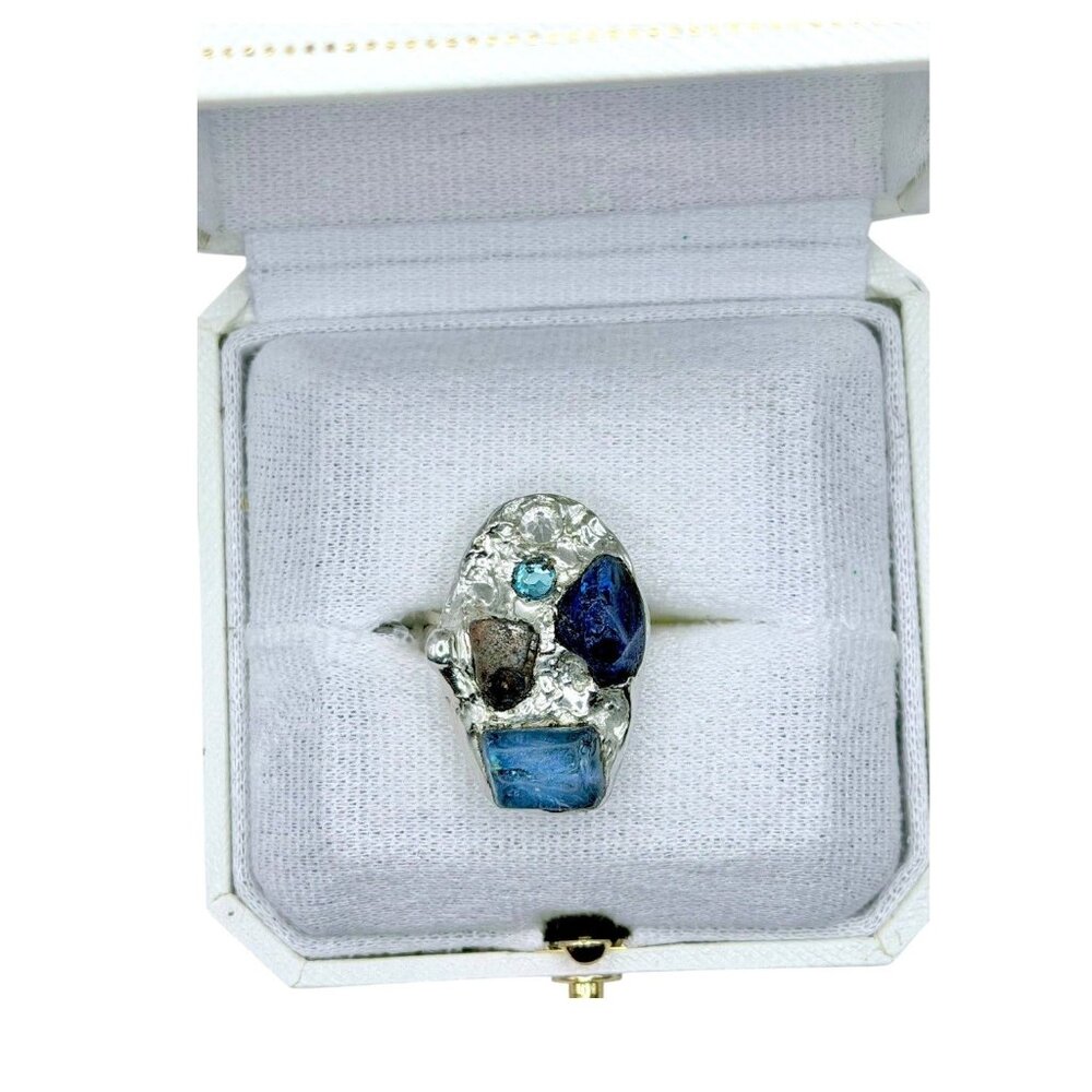 Brutalist Sea Glass Ring - Sterling Silver Cocktail Ring with Crystal Size 9 - Picture 7 of 11